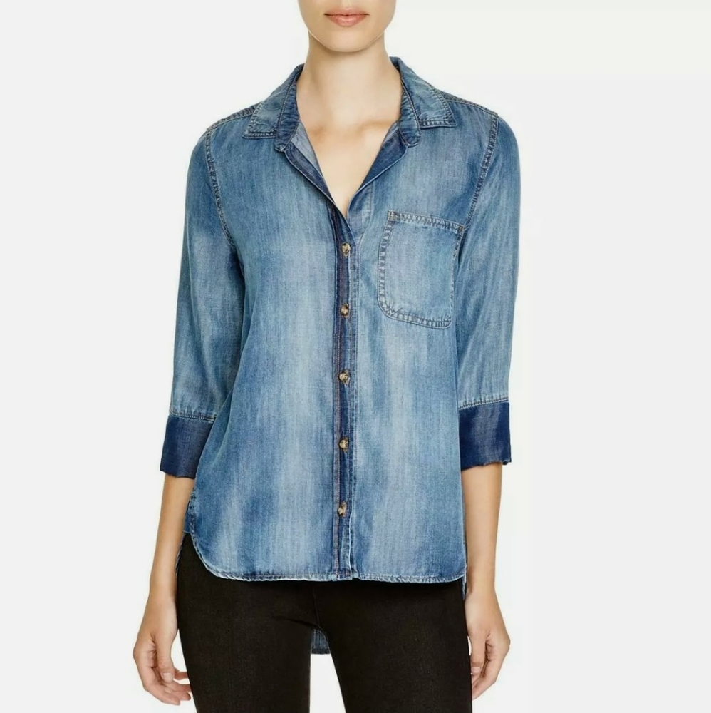 Anthropologie Bella Dahl Womens Blue Lyocell Medium Wash Button-Down Top Blouse